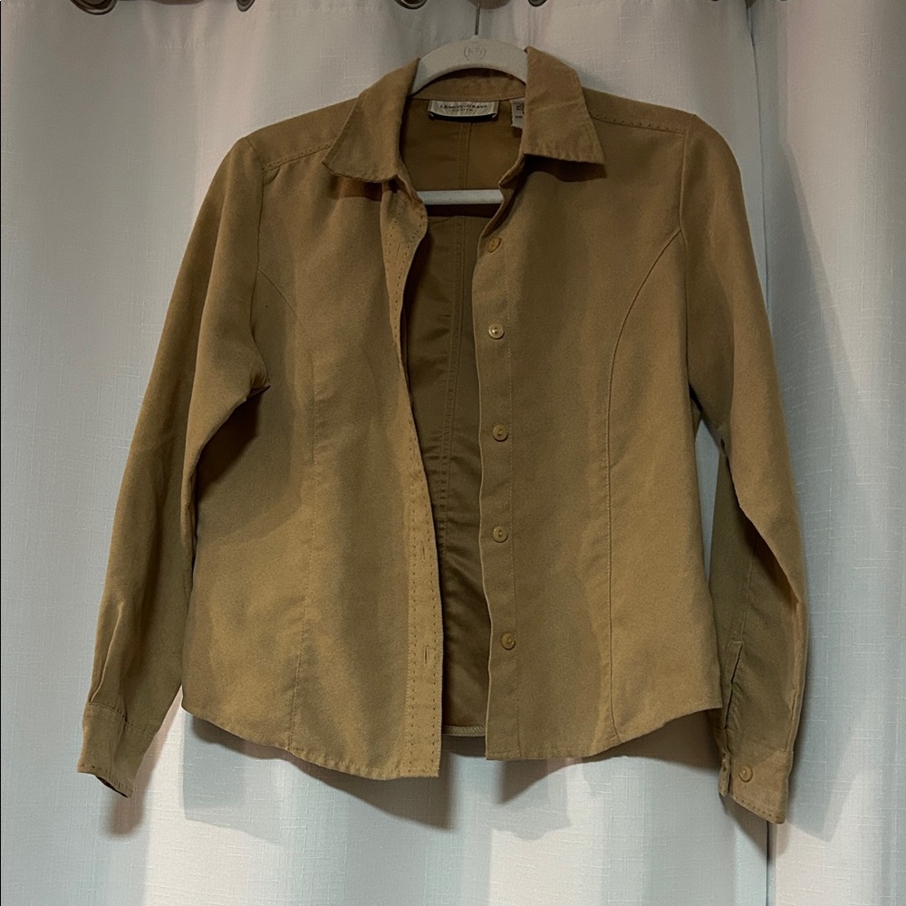 Lemon Grass Petite Women button up shirt faux Suede Tan Camel boho cowgirl Small